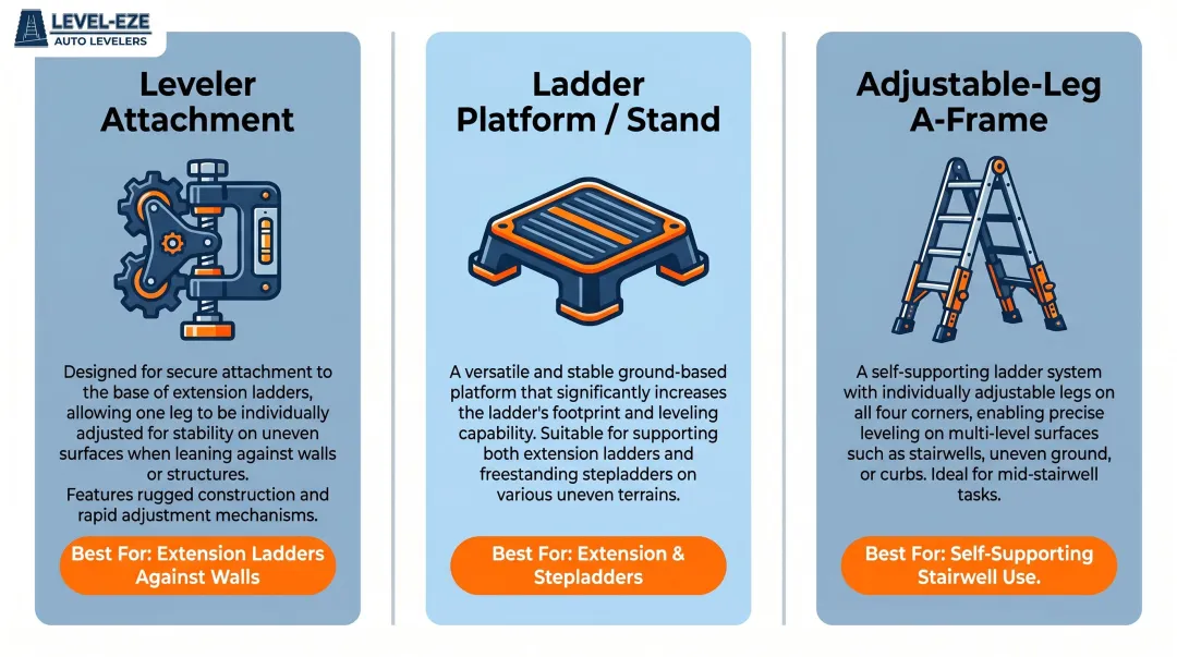 Three ladder leveling tool types comparison for staircase use infographic