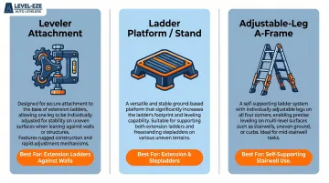 Three ladder leveling tool types comparison for staircase use infographic