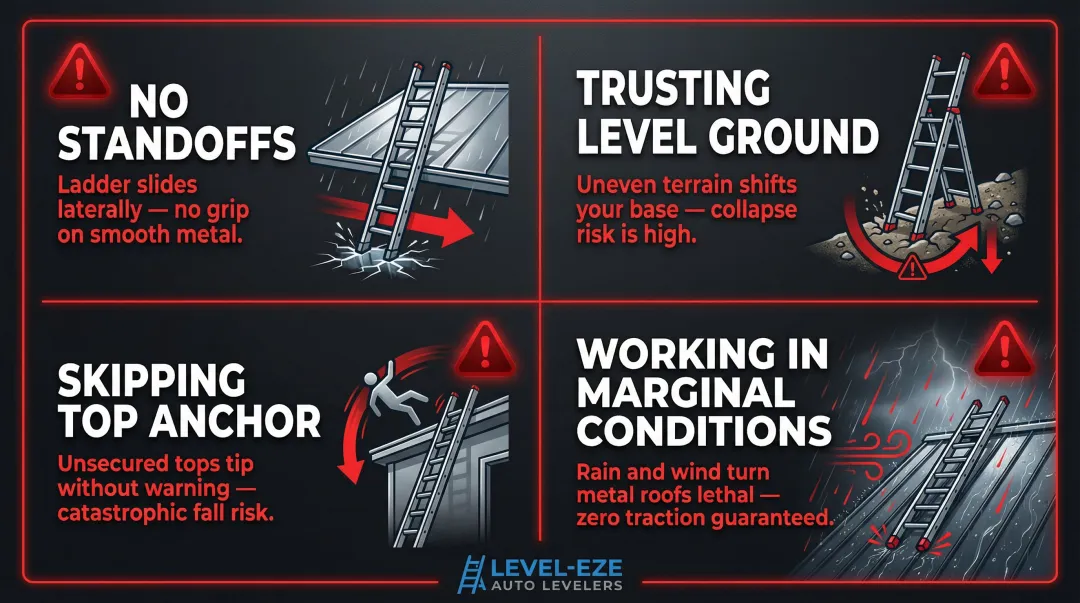 Four common ladder safety mistakes on metal roofs warning infographic