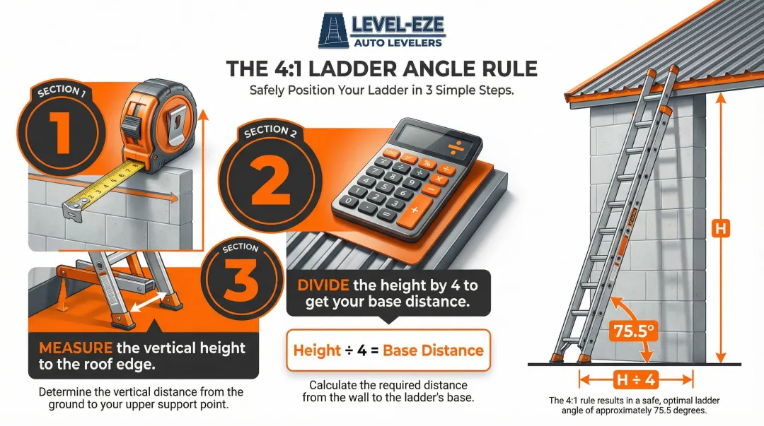 4:1 ladder angle rule three-step setup calculation process diagram
