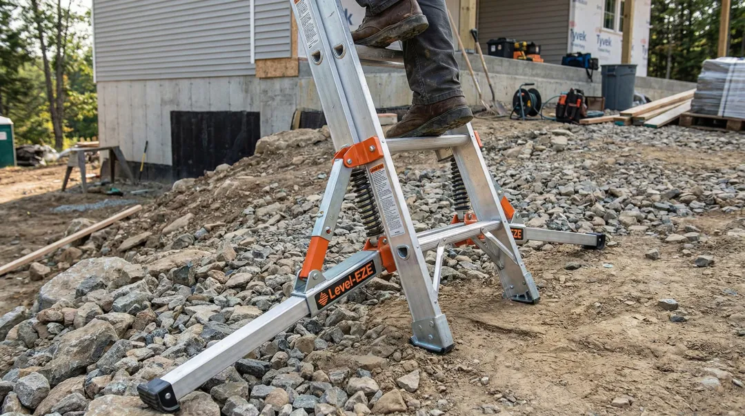 Level-EZE automatic ladder leveler installed on extension ladder base on uneven terrain