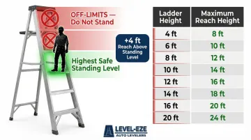 Step ladder 2-step rule safe standing level and reach height visual guide