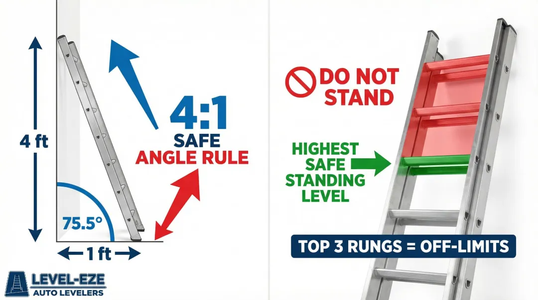 Extension ladder 4-to-1 setup rule and 4-rung standing limit diagram