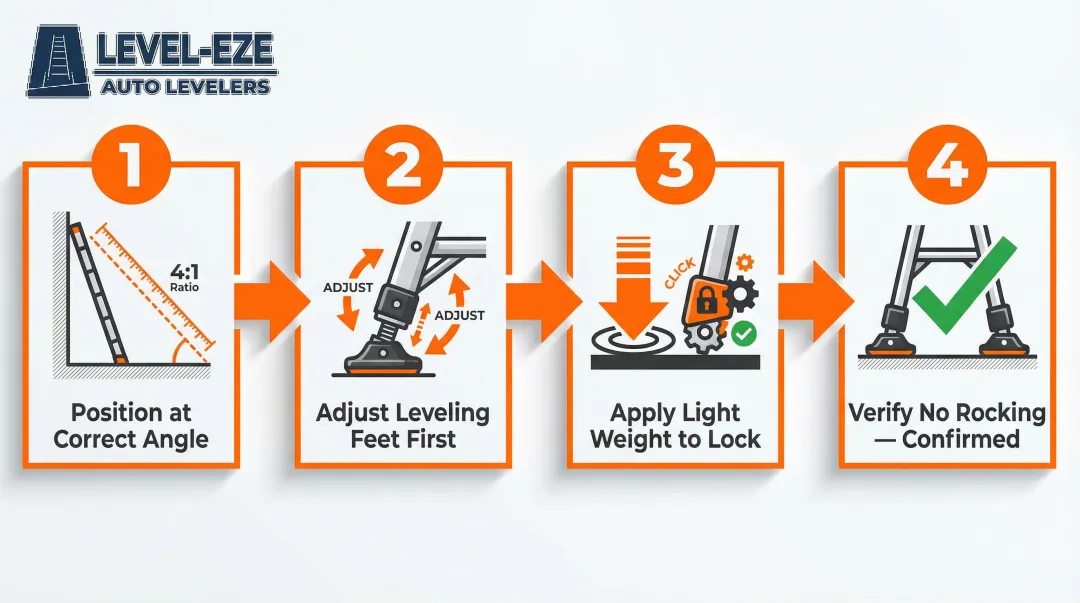 Four-step base leveling stabilizer setup process using 4:1 ladder rule