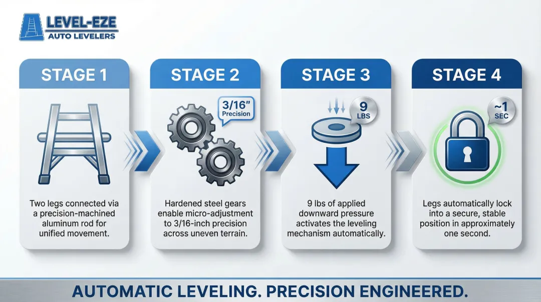 Automatic ladder base leveler locking mechanism four-step process diagram