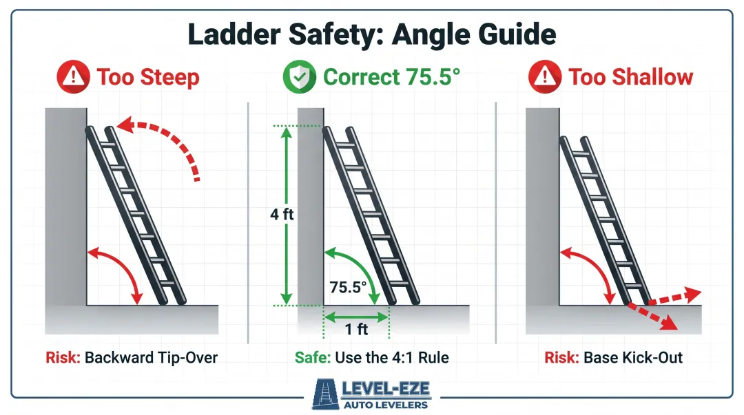 Ladder angle comparison showing too steep too shallow and correct 75-degree position