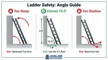 Ladder angle comparison showing too steep too shallow and correct 75-degree position