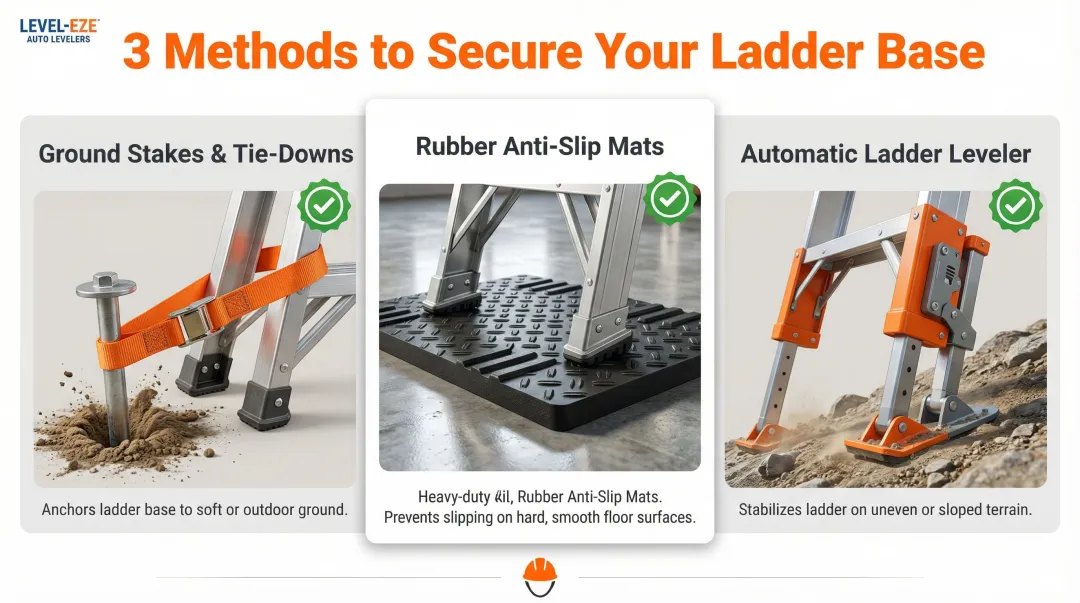 Three ladder base securing methods ground stakes rubber pads and automatic levelers