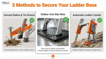 Three ladder base securing methods ground stakes rubber pads and automatic levelers