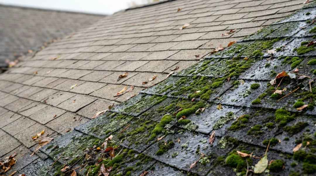 Slippery algae-covered roof shingles showing hazardous surface conditions for ladders