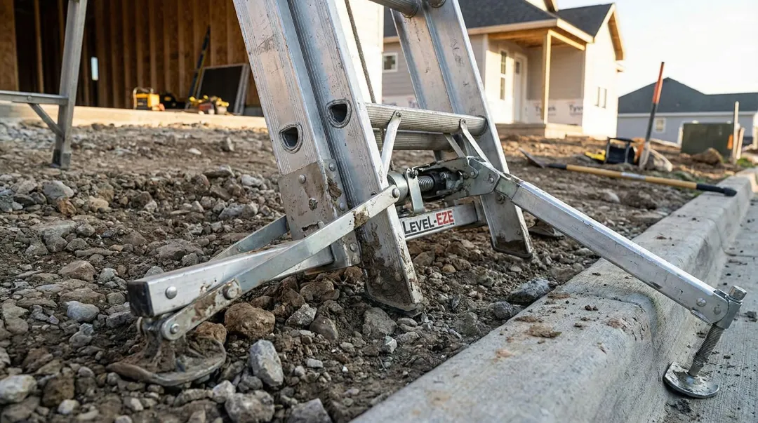 Level-EZE automatic ladder leveler attached to extension ladder base feet