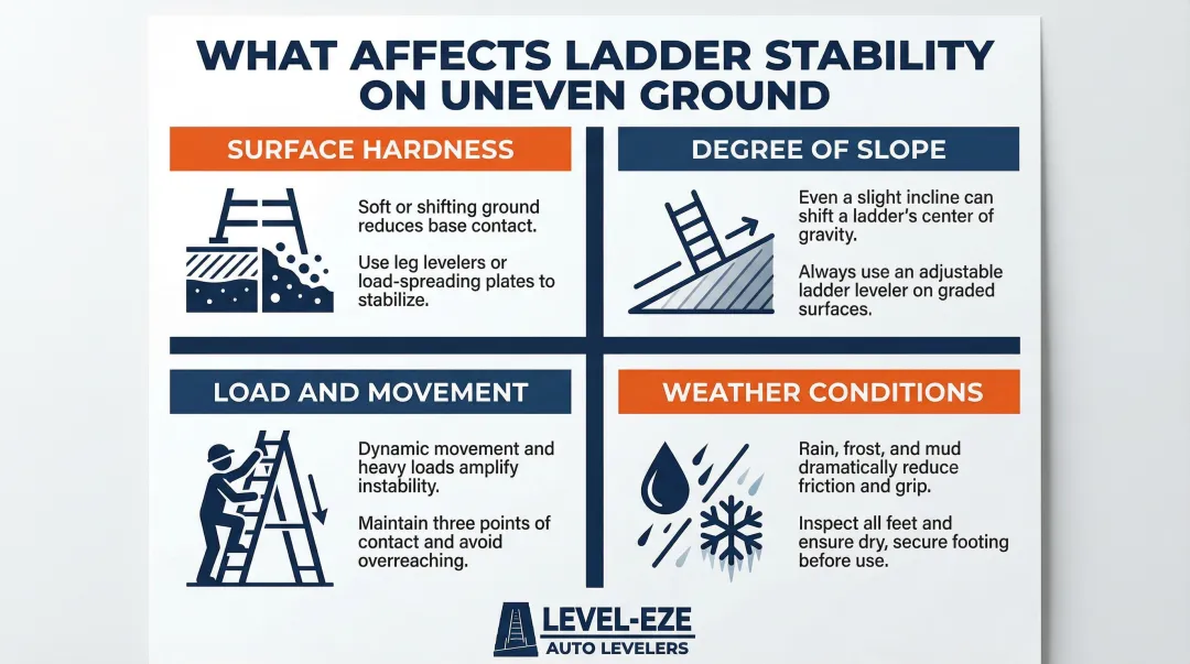 Four key ladder stability factors on uneven surfaces visual breakdown infographic