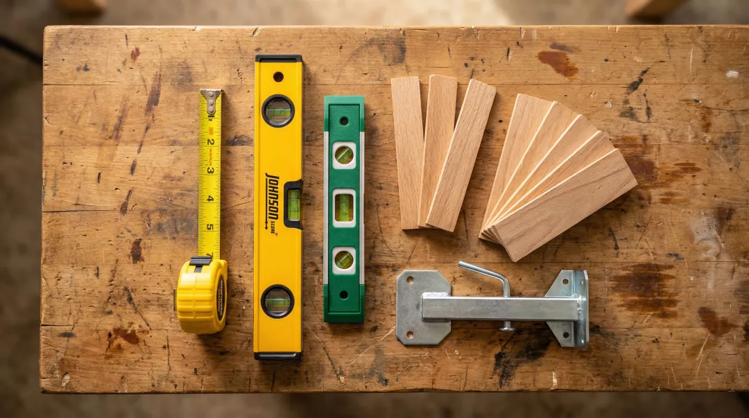 Ladder safety tools including spirit level tape measure and wood shims