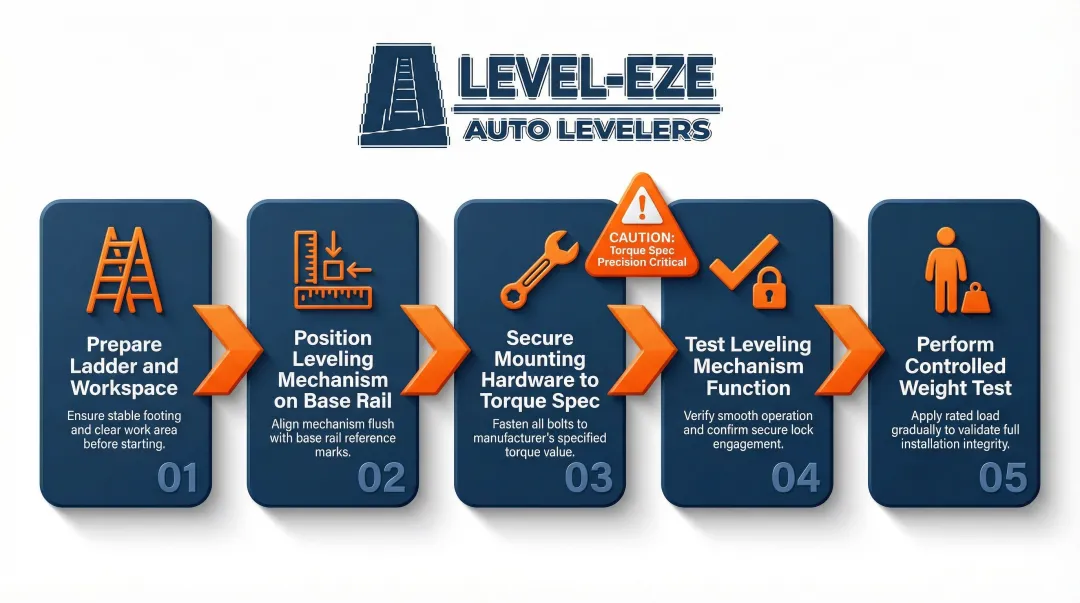 5-step ladder leveling kit installation process flow diagram with icons