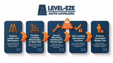 5-step ladder leveling kit installation process flow diagram with icons
