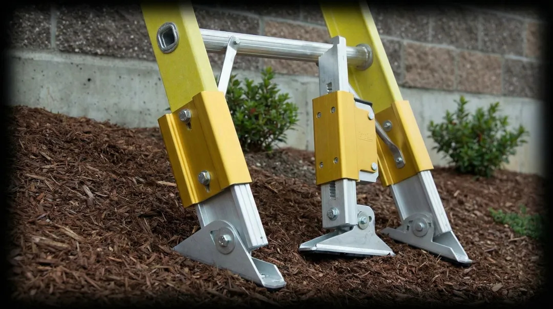 Extension ladder leveling kit adjustable feet mechanism on uneven ground surface