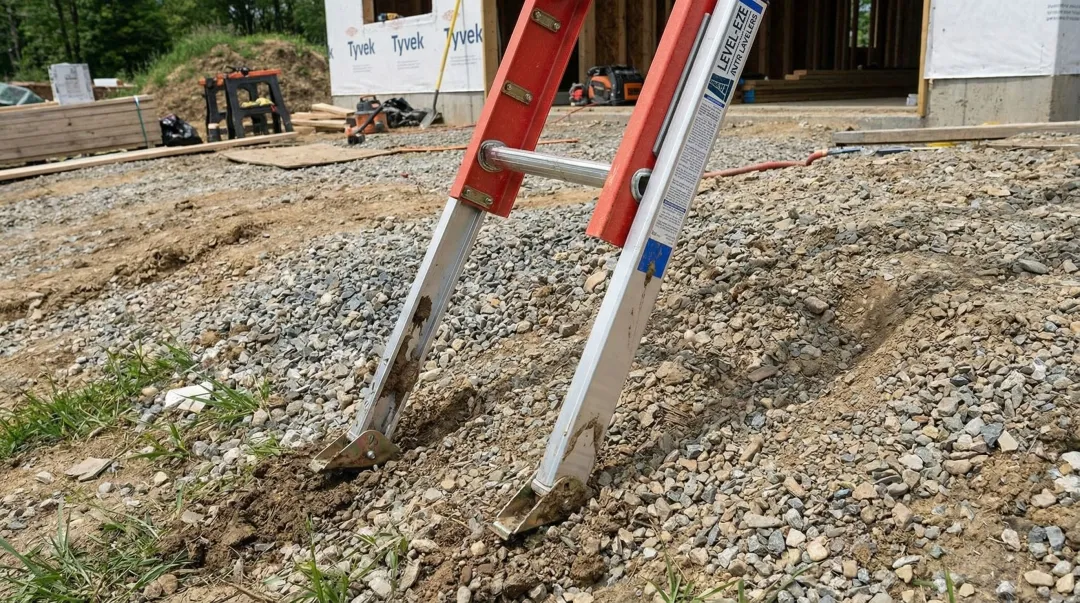 Level-EZE automatic ladder leveler attached to extension ladder on uneven terrain