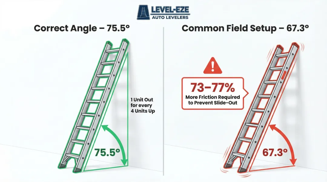 Ladder angle comparison infographic showing correct 75.5 degrees versus dangerous 67.3-degree setup
