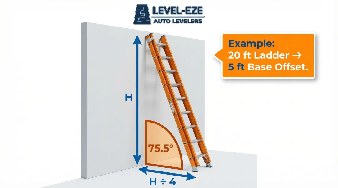 4-to-1 ladder angle rule diagram showing correct 75.5-degree positioning steps