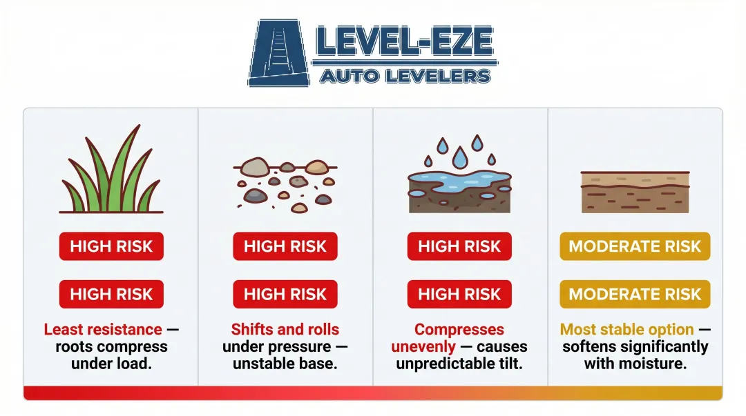 Four ground surface types slope stability risk levels for ladder placement comparison chart