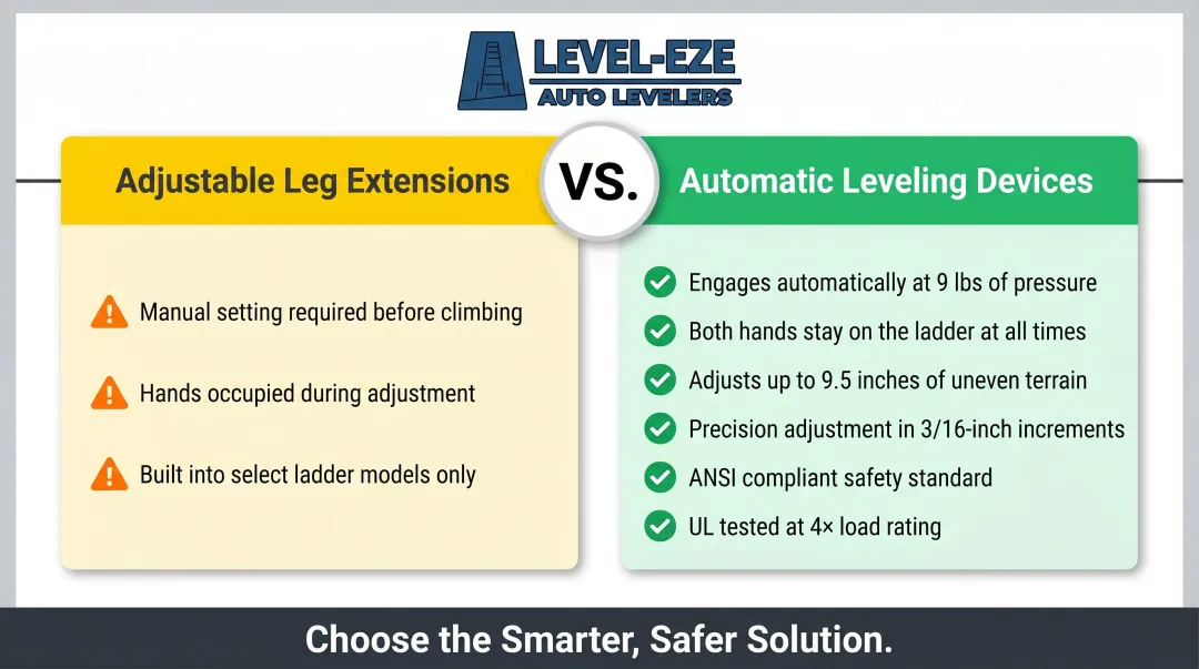 Adjustable leg extension versus automatic ladder leveling device two-column comparison infographic