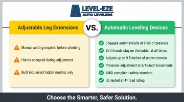 Adjustable leg extension versus automatic ladder leveling device two-column comparison infographic
