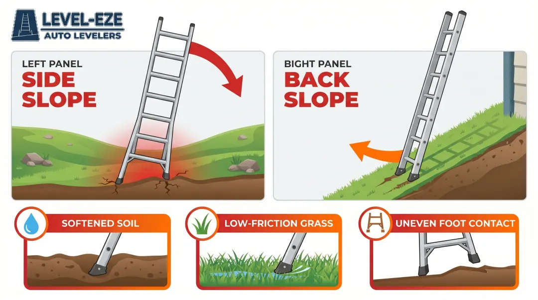 Two hillside ladder slope types side-slope versus back-slope hazard comparison diagram