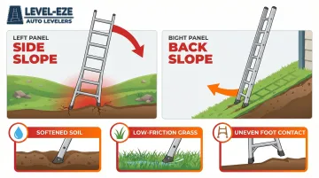 Two hillside ladder slope types side-slope versus back-slope hazard comparison diagram