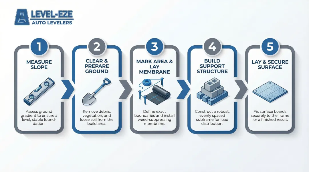 Five-step level platform build process from slope measurement to surface installation