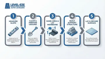 Five-step level platform build process from slope measurement to surface installation