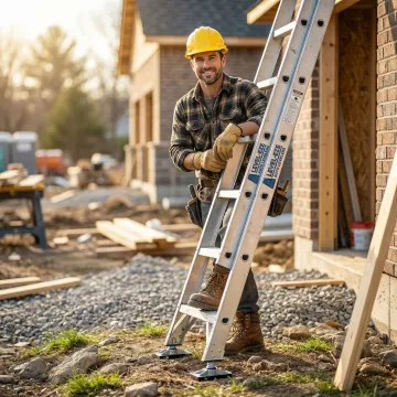 Worker safely using a ladder on an uneven surface with Level-EZE automatic levelers installed