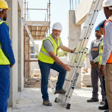Safety trainer demonstrating proper ladder setup technique to a group of workers on a job site