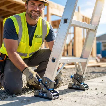Technician professionally installing Level-EZE automatic ladder levelers on an extension ladder at a job site