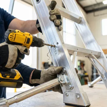Step-by-step ladder leveler installation process showing technician drilling and mounting Level-EZE components