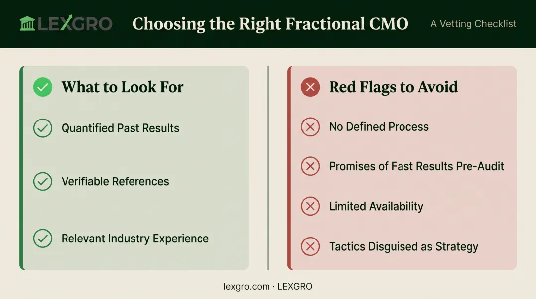 fractional marketing leader hiring checklist comparing green flags versus red flags