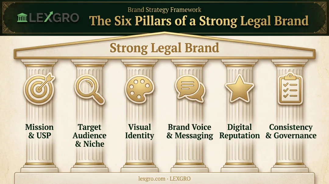 Six pillars of strong legal branding framework diagram