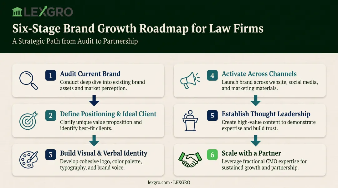 Six-step law firm branding framework from audit to execution partner