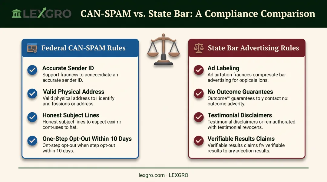 Federal CAN-SPAM versus state bar rules compliance comparison checklist