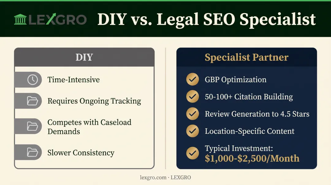 DIY versus hiring a legal SEO specialist comparison for law firms