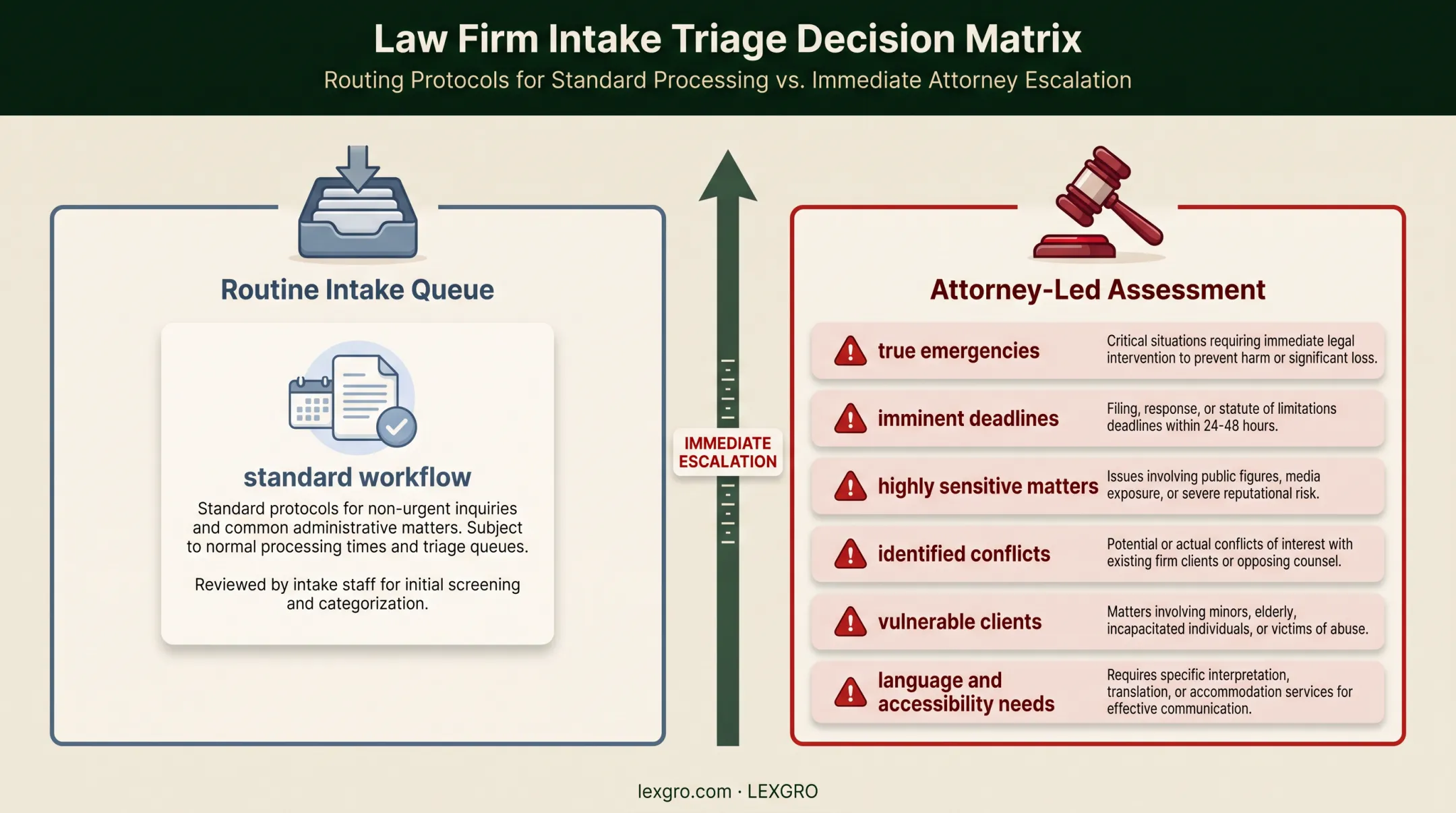Legal intake escalation guide for exceptions requiring attorney assessment