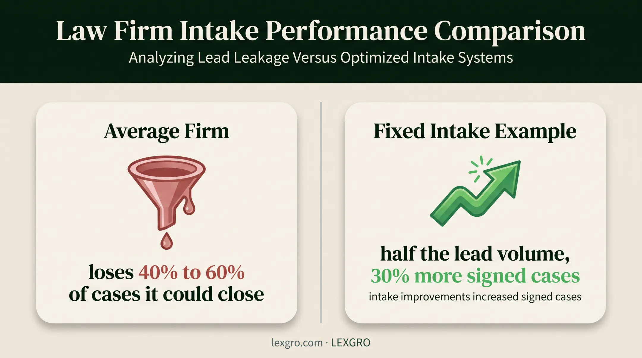 Law firm lead volume versus intake quality conversion comparison infographic