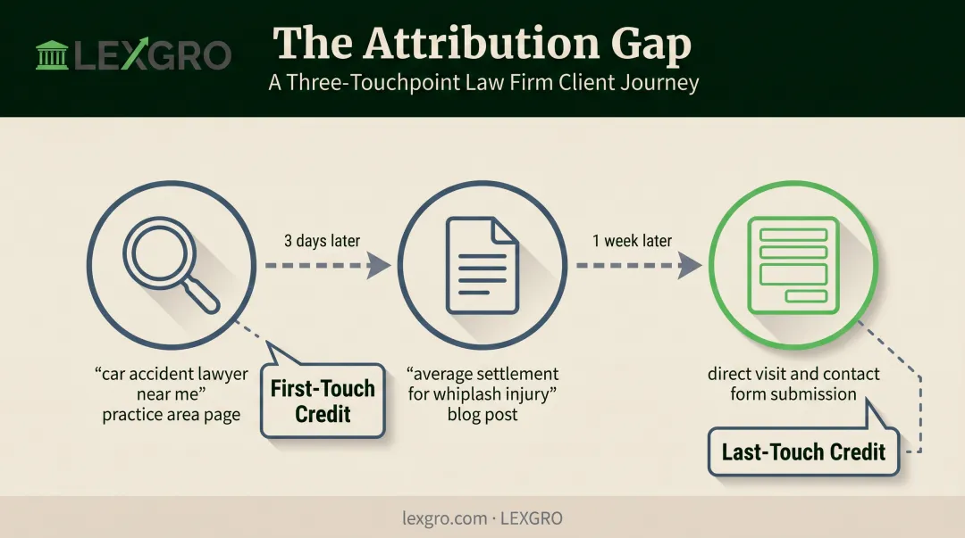 Law firm client journey timeline showing three touchpoints before conversion