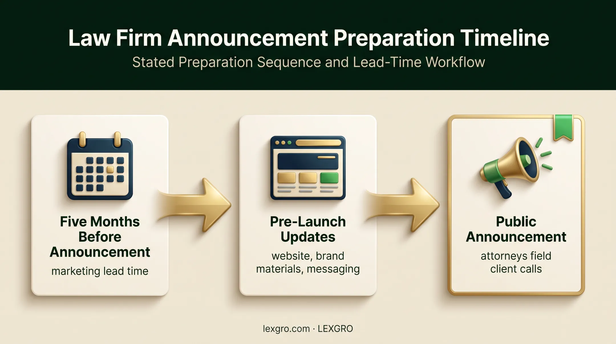 Five-month law firm marketing preparation timeline before announcement