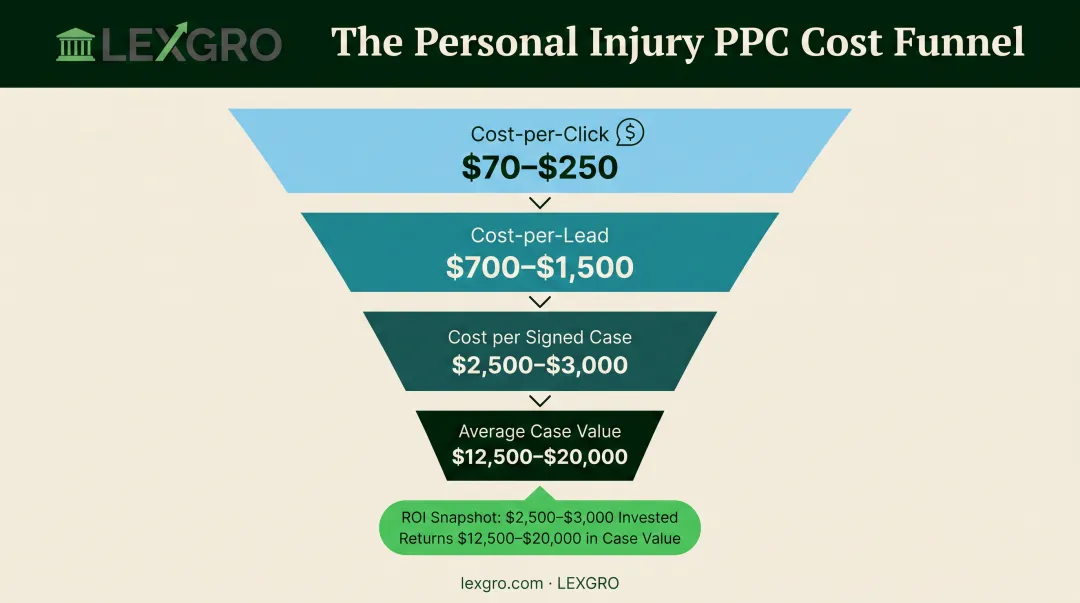Personal injury PPC cost funnel from click to signed case