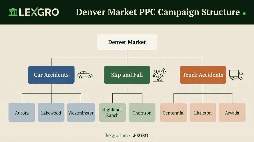Personal injury PPC campaign structure organized by case type and location