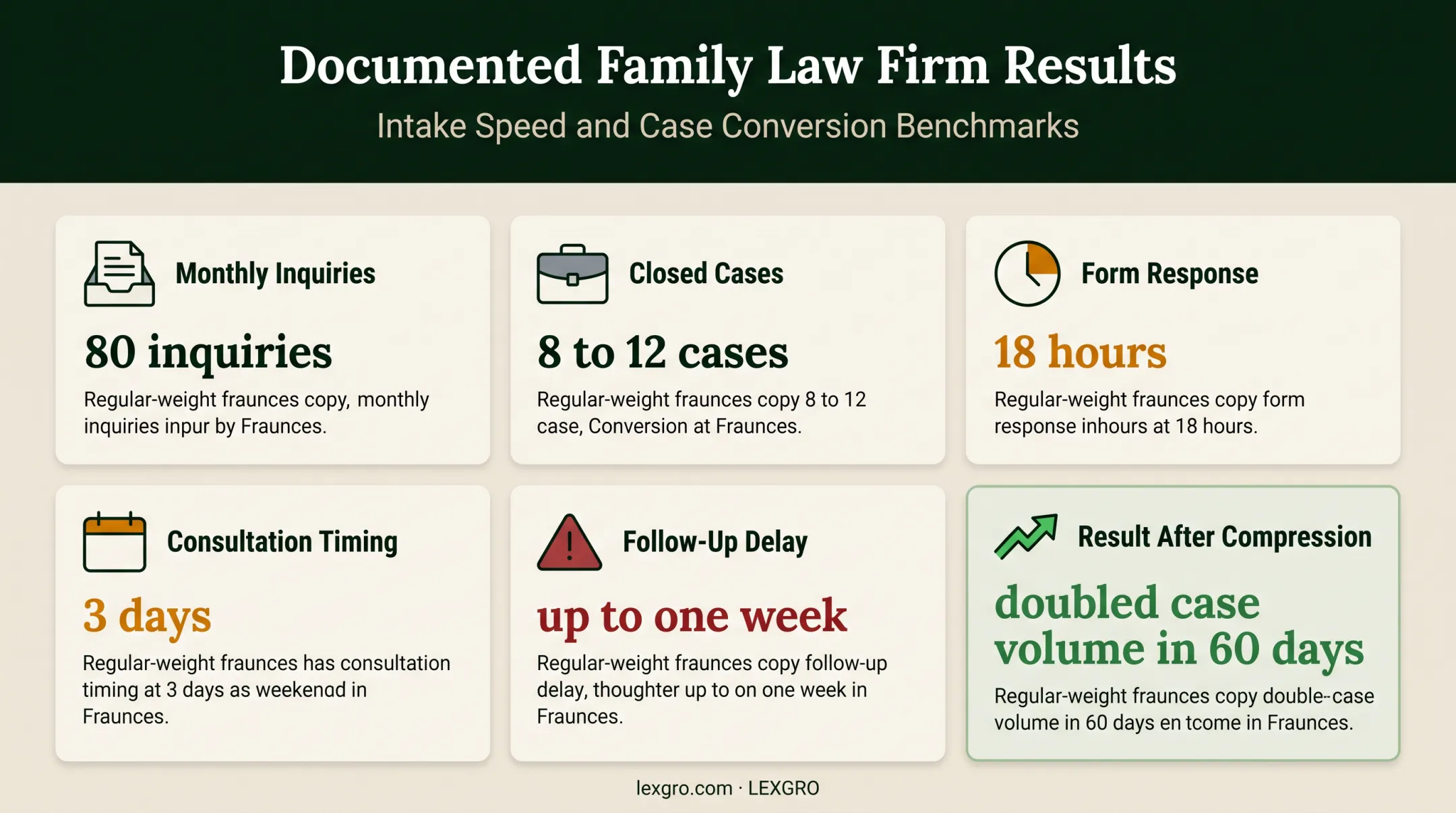 Law firm inquiry response metrics and case volume improvement infographic