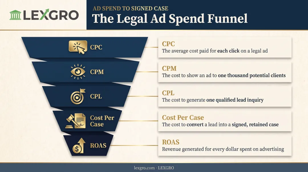 Five key law firm ad spend metrics from CPC to ROAS