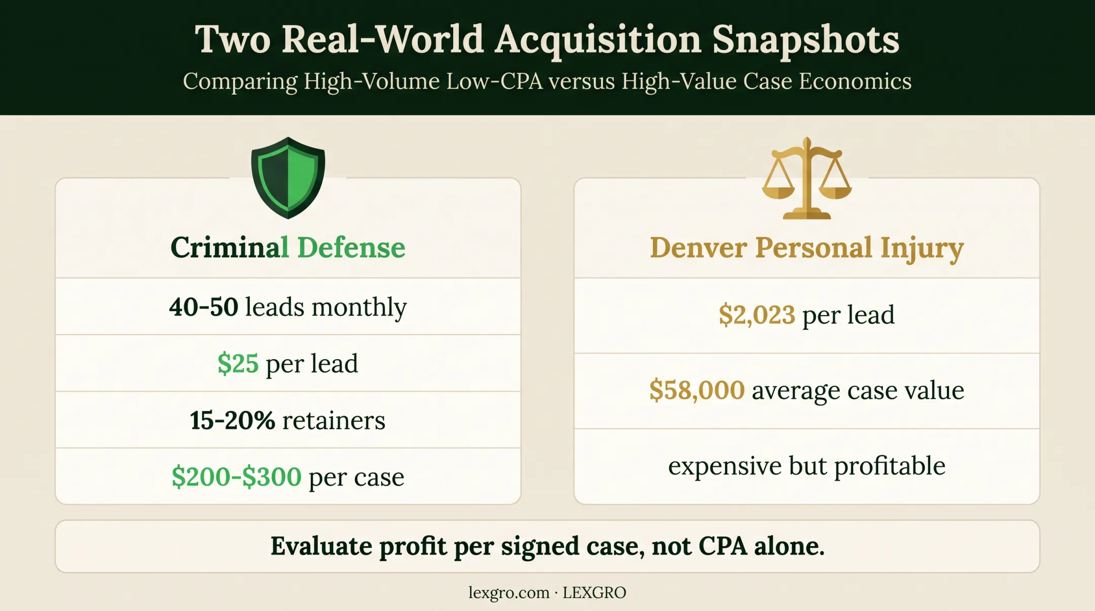 Low-cost versus high-cost law firm lead profitability comparison