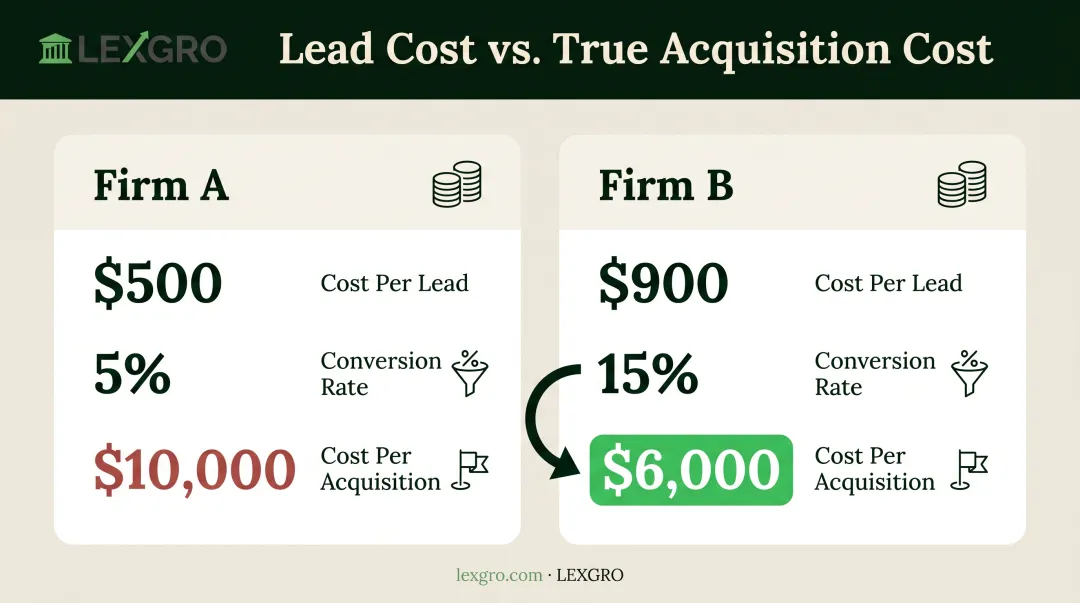 Cost-per-lead versus cost-per-acquisition comparison for two law firms