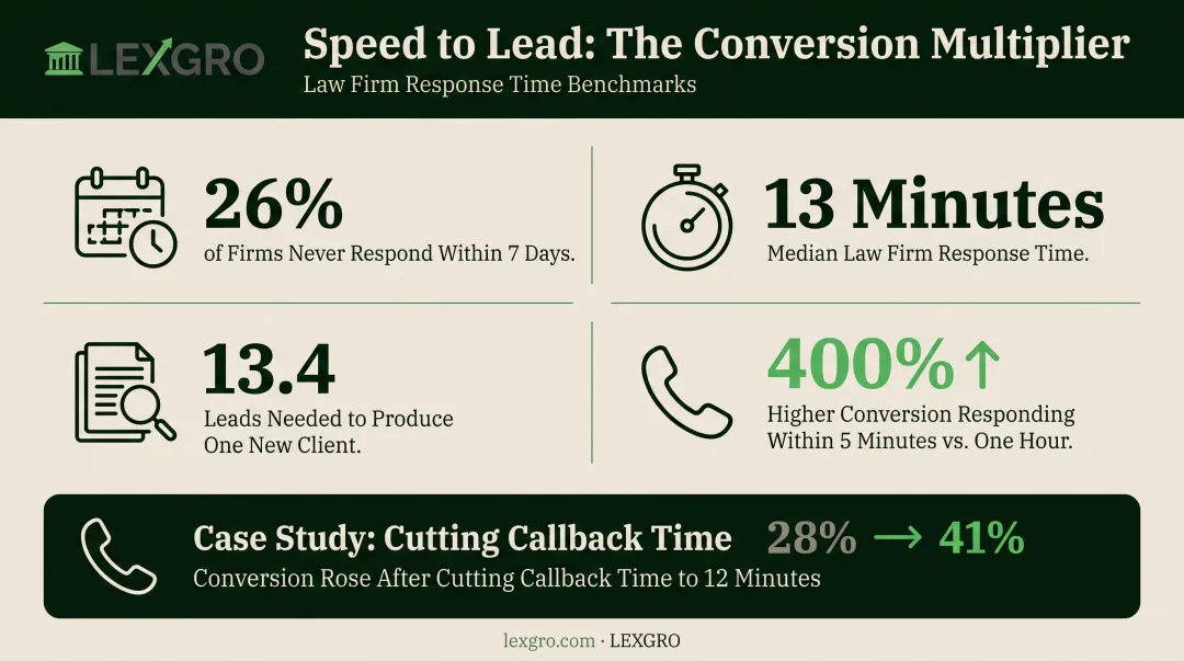 Lead response time impact on law firm conversion rate statistics